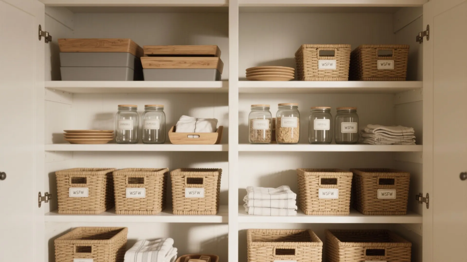 Organized white pantry cabinet with woven baskets glass jars wooden plates and neat storage containers