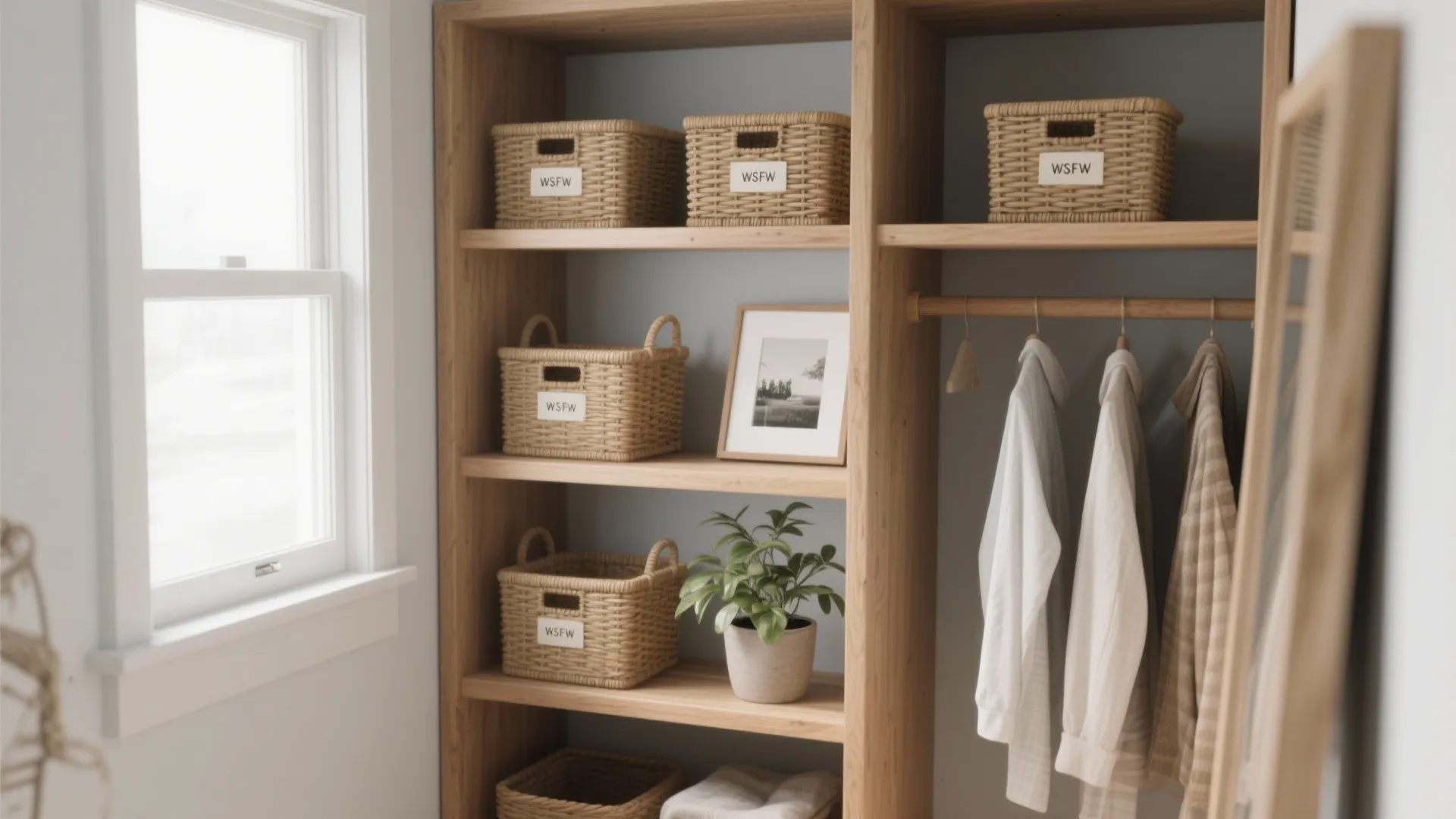 Wooden open cabinet with woven baskets small green plant picture frame and hanging white shirts