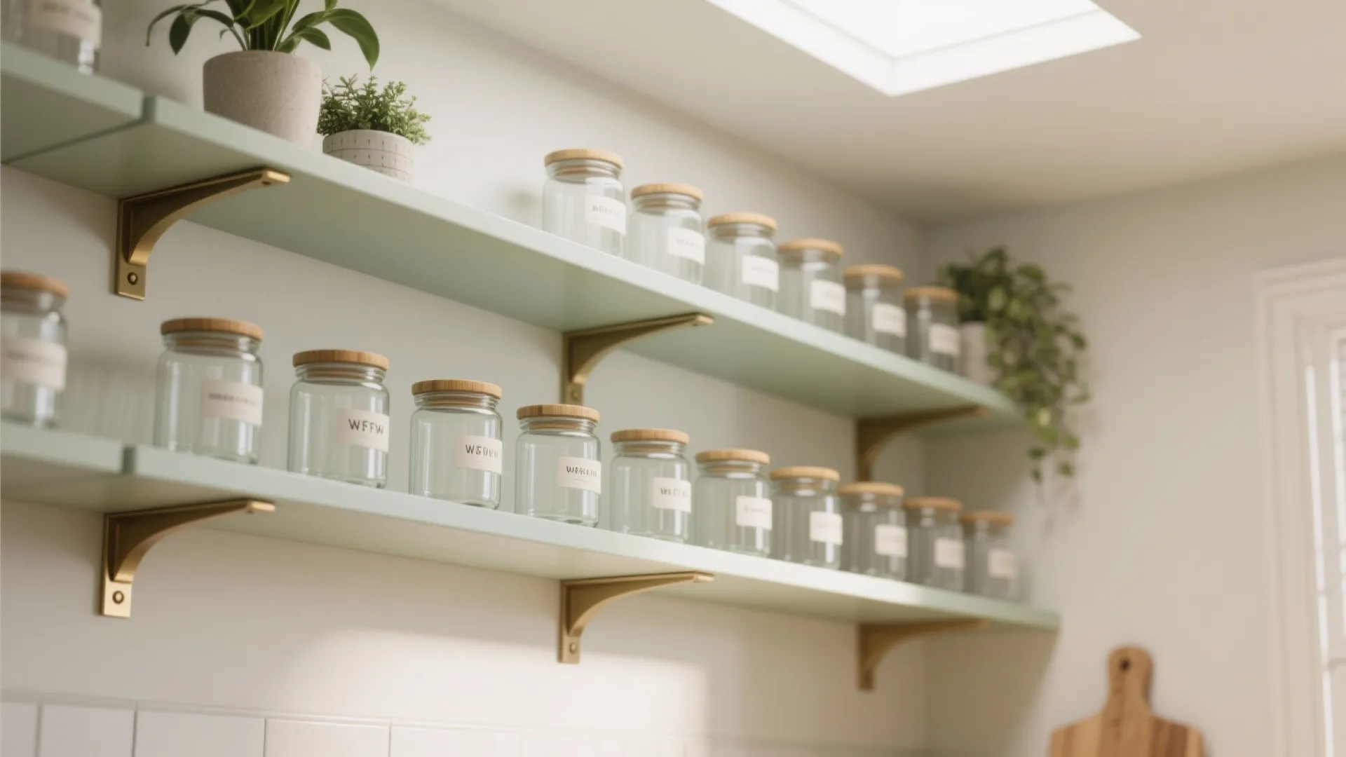 Light green wall shelves with gold brackets holding rows of glass jars and small green plants