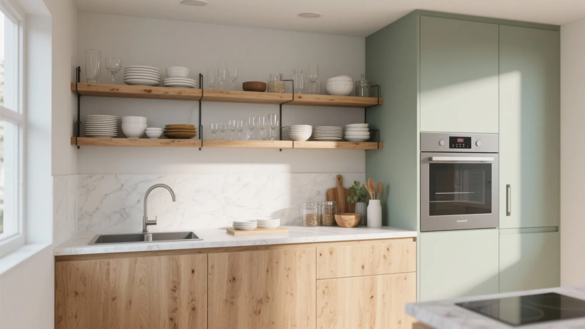 Open shelving above clear counter zones