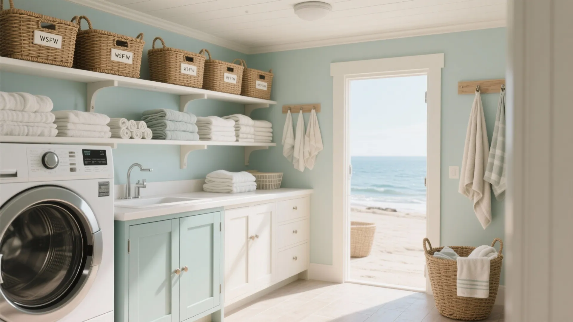 Bright coastal laundry room with white cabinets, blue walls, wooden baskets, towels, and ocean view