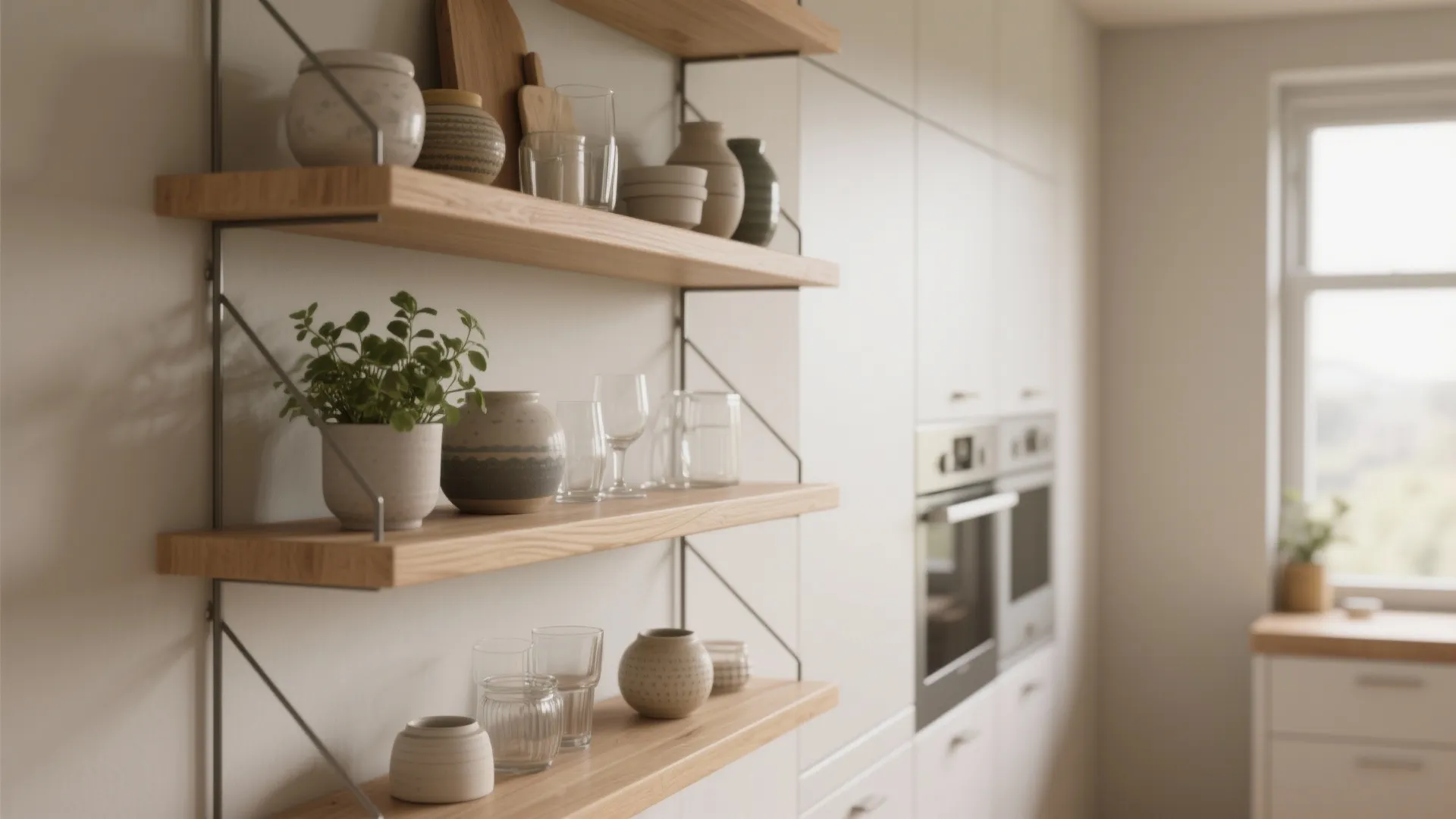 Wooden open shelves on white wall holding ceramic jars green plant and glassware in kitchen