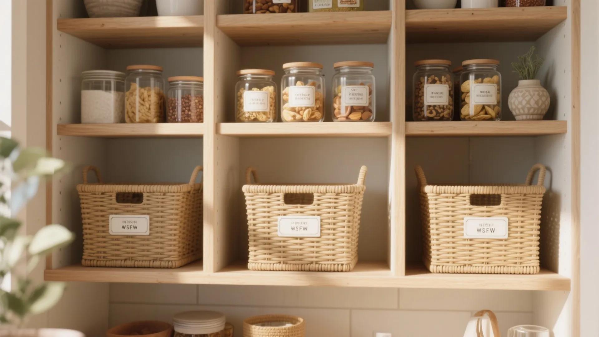 Wooden open shelves with glass jars for food storage and woven baskets for organized kitchen items