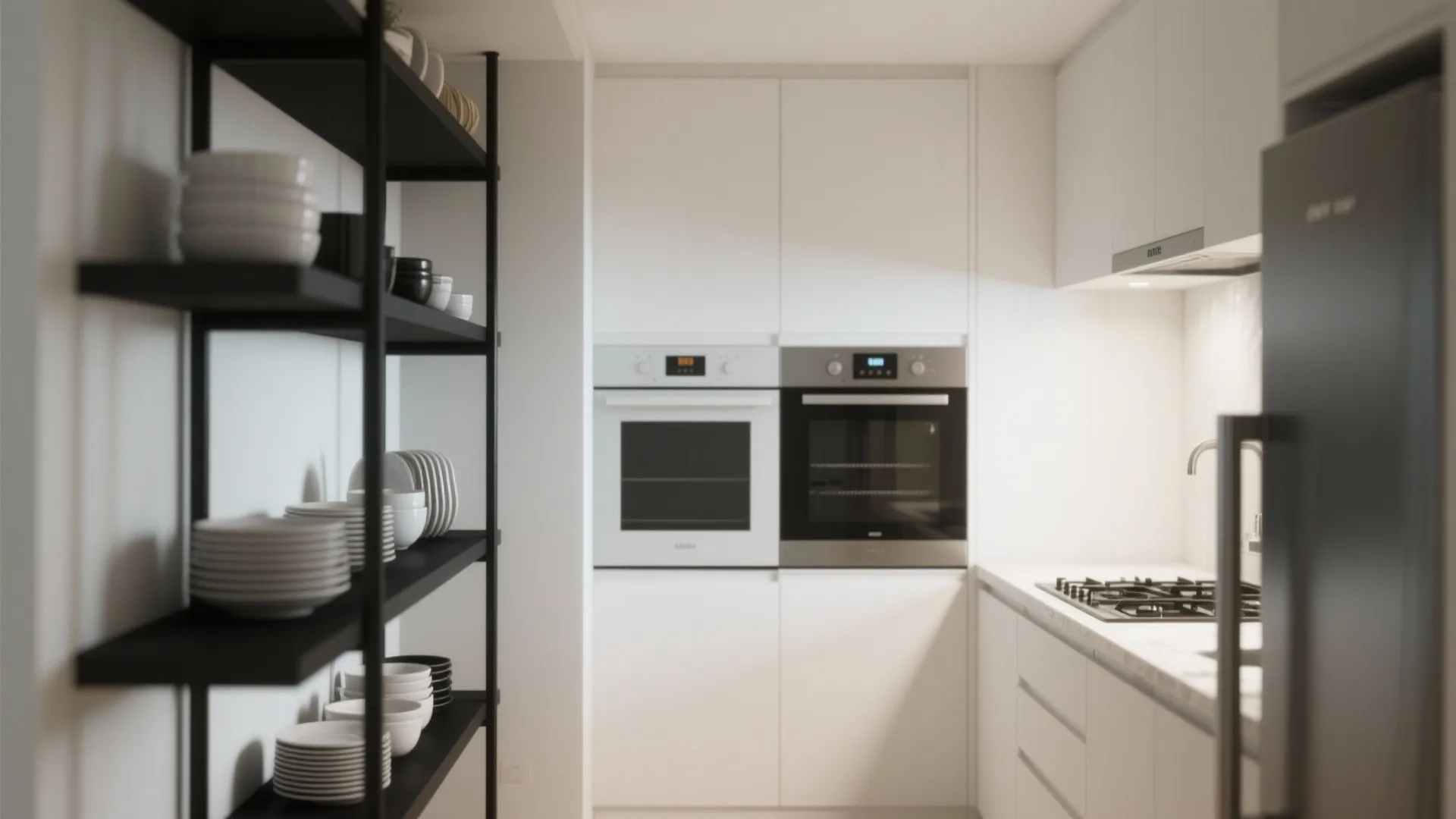 Modern white kitchen with black open shelves holding white dishes next to two built-in ovens