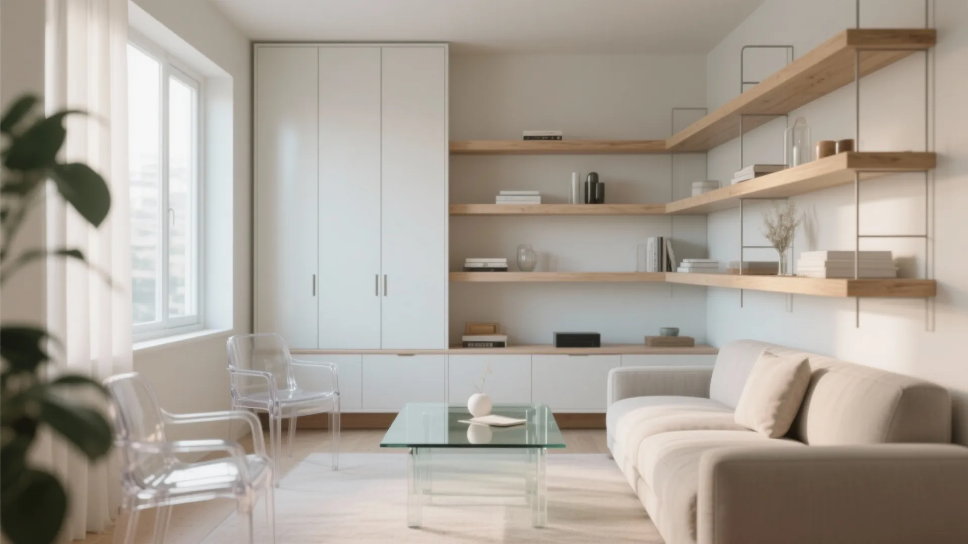 Modern living room with white cabinet wooden wall shelves glass coffee table and clear chairs