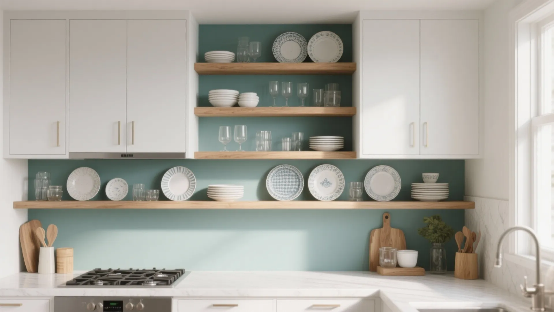 4. Open Shelving Paired with Slim Upper Cabinets