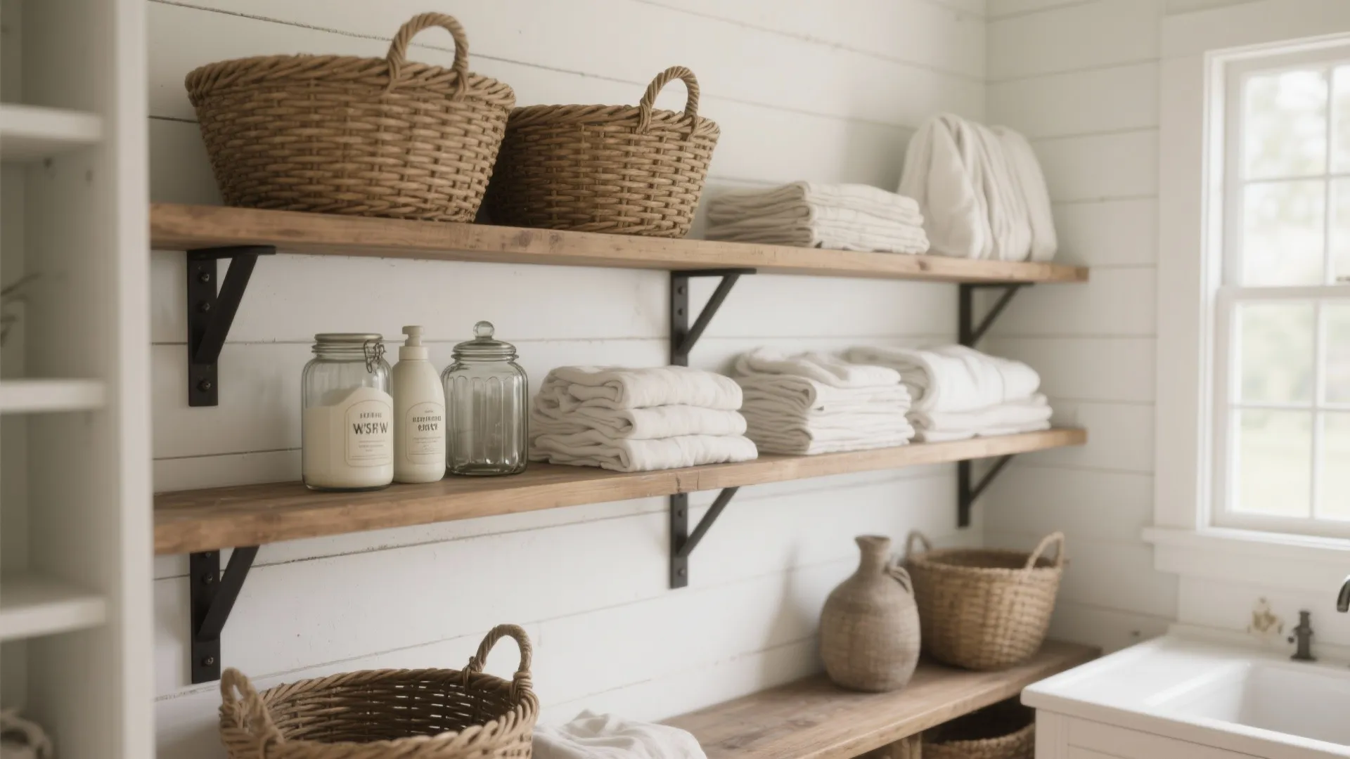 3. Open shelving, wicker baskets, and shiplap accents