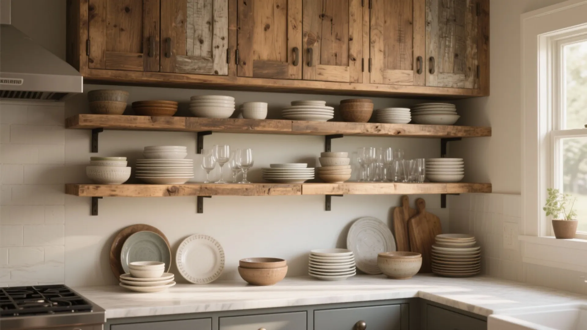 Kitchen with wooden open shelves displaying various ceramic plates bowls and glasses near a window