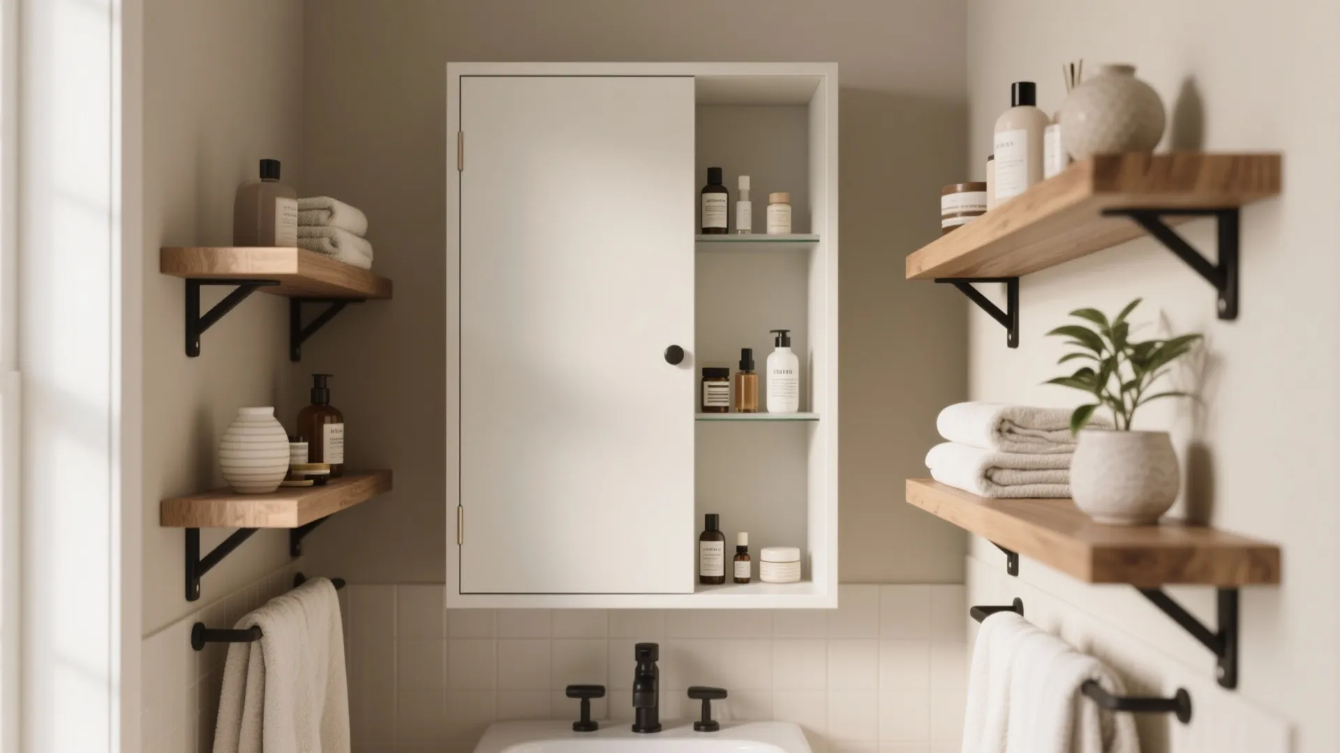 Bathroom wall with wooden open shelves holding white towels bottles and a small green plant