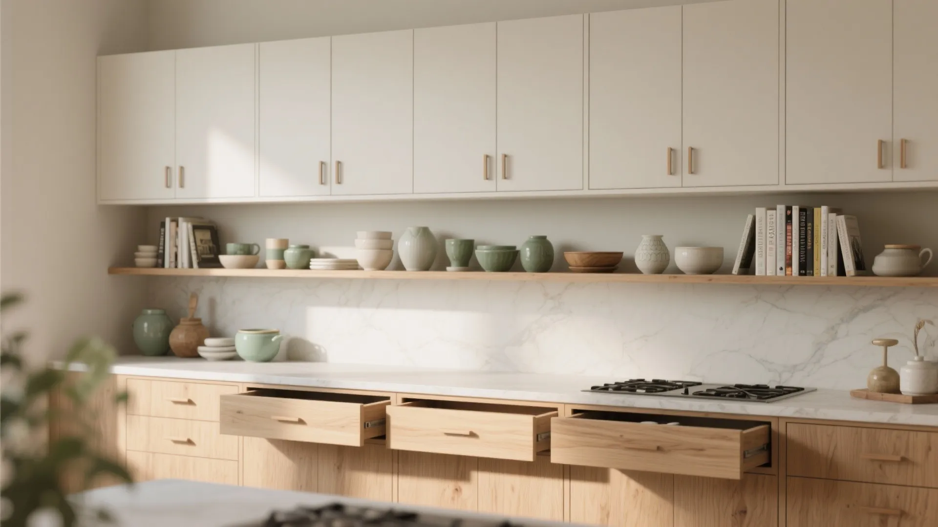 Modern kitchen with white upper cabinets wood drawers marble backsplash and open shelf with ceramic bowls