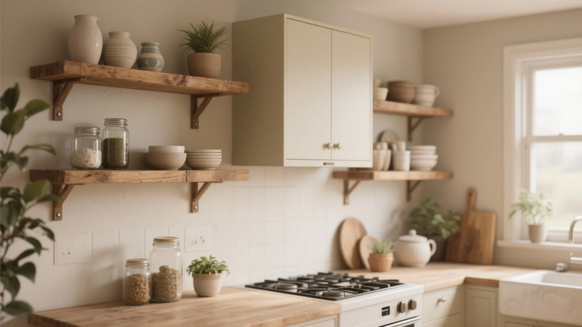 Kitchen open shelving of rustic wooden planks combined with closed cabinets, styled simply.
