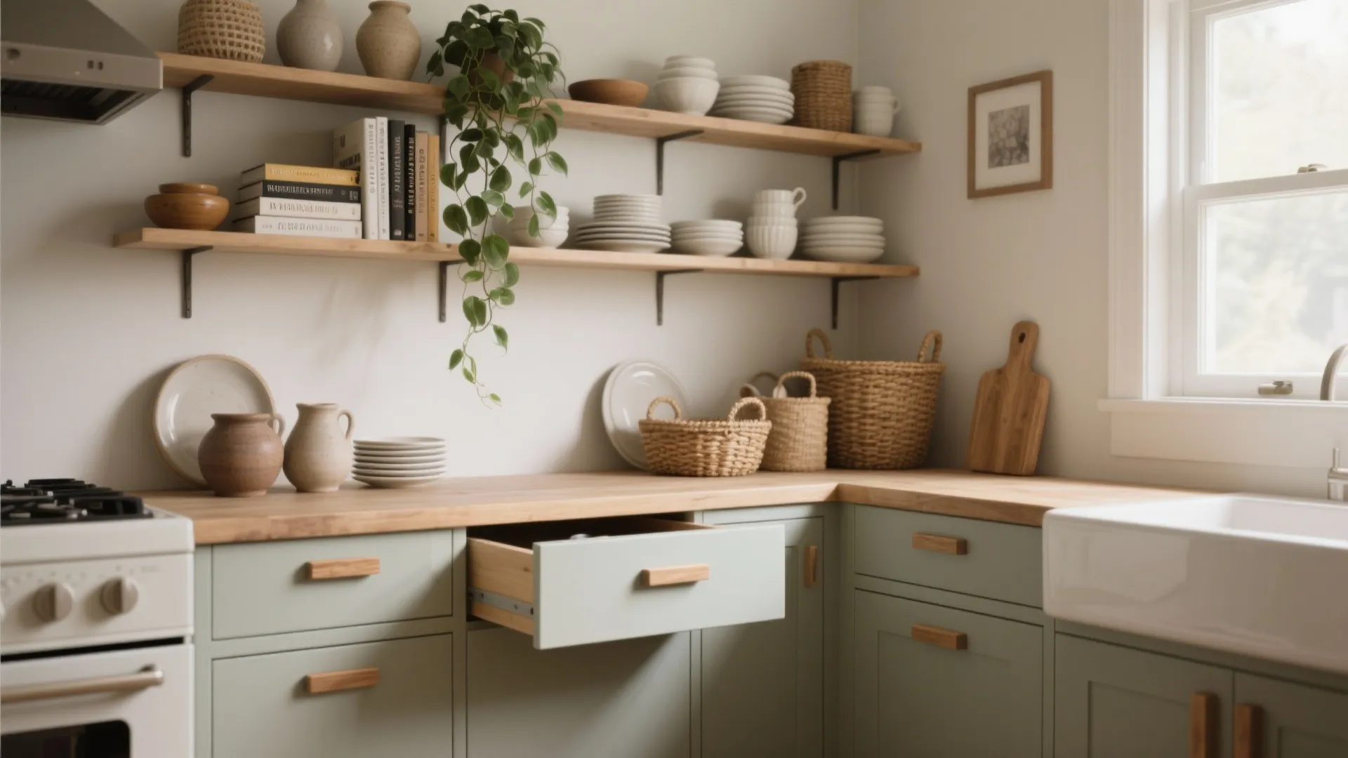 1. Open shelving with hidden drawers