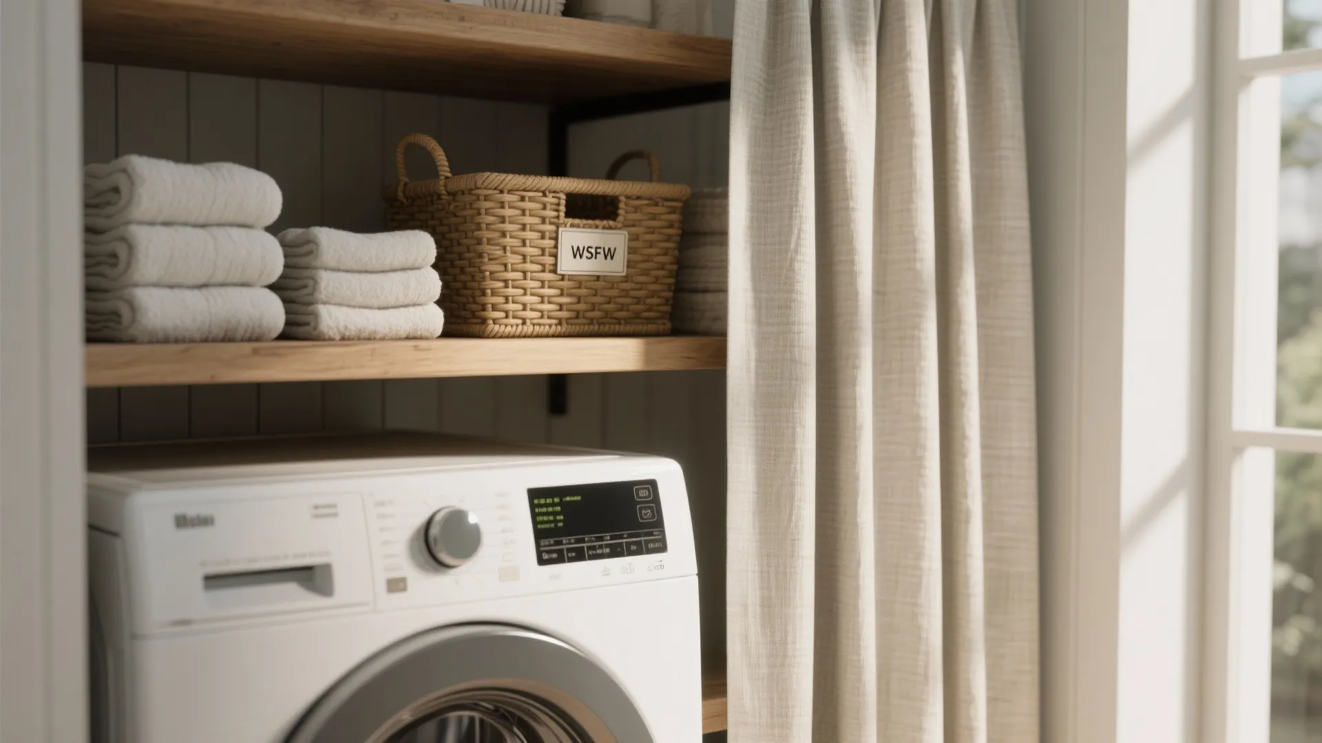 5. Open shelving, baskets, and a folding curtain