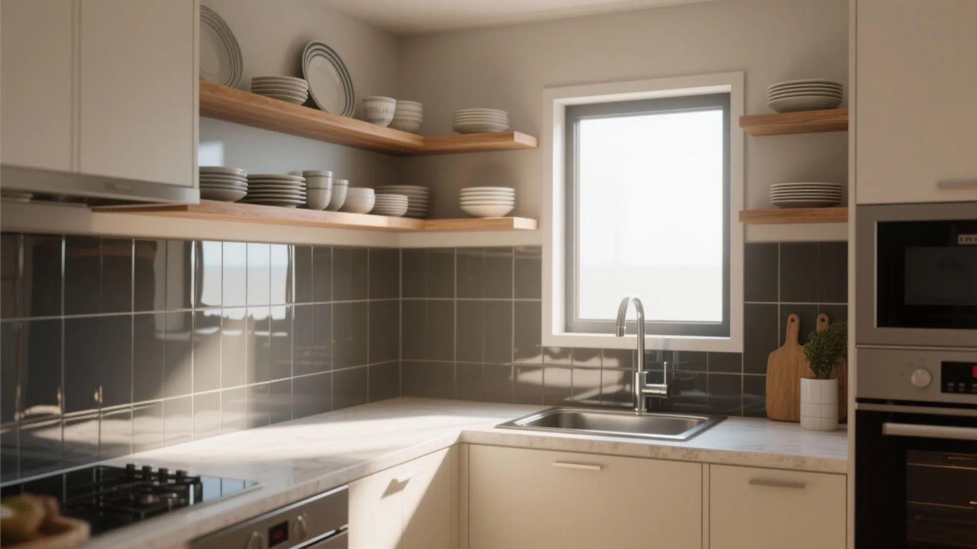 4. Open shelving, reflective backsplashes and light tricks