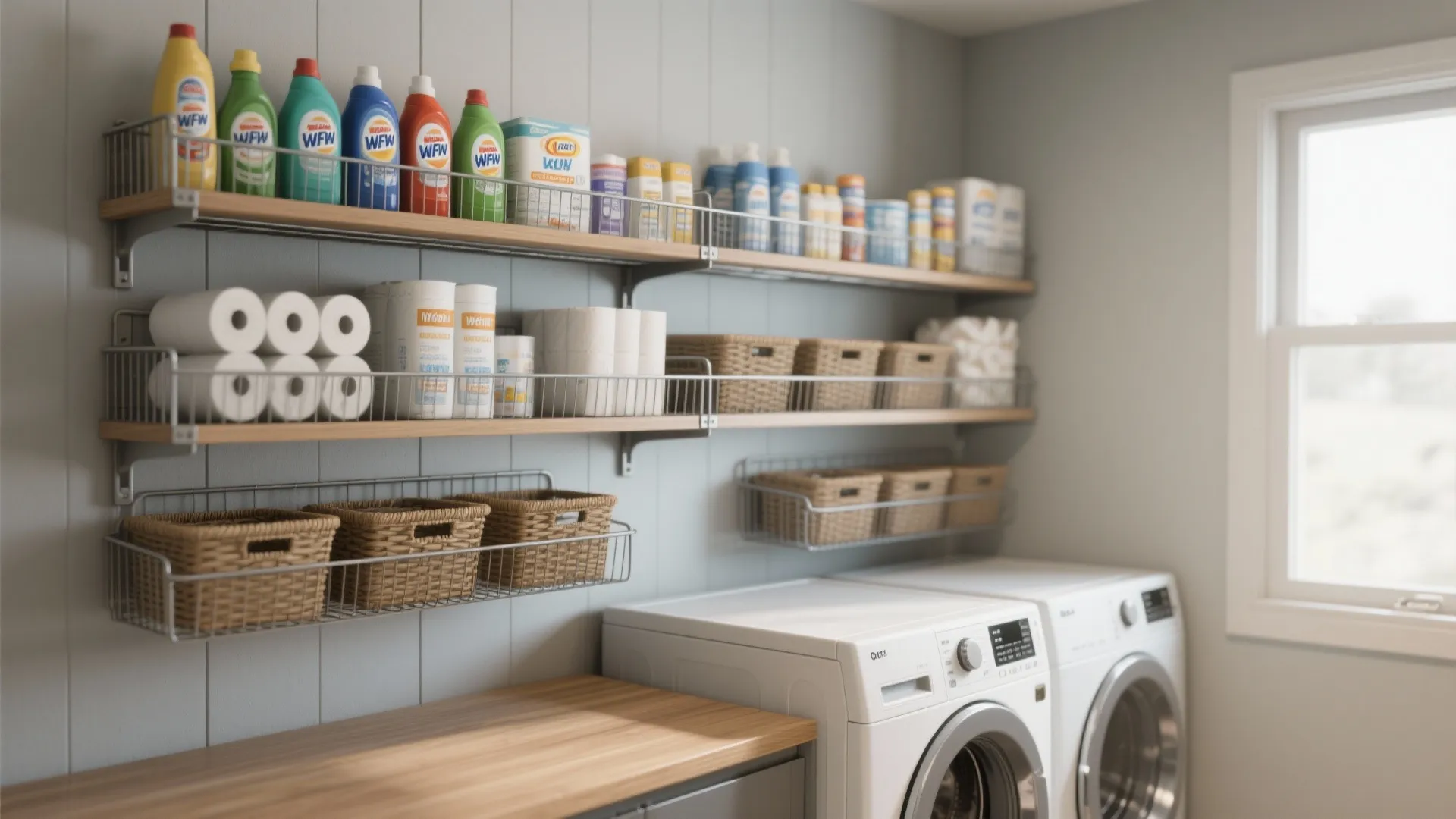 1. Open wall shelves above washer