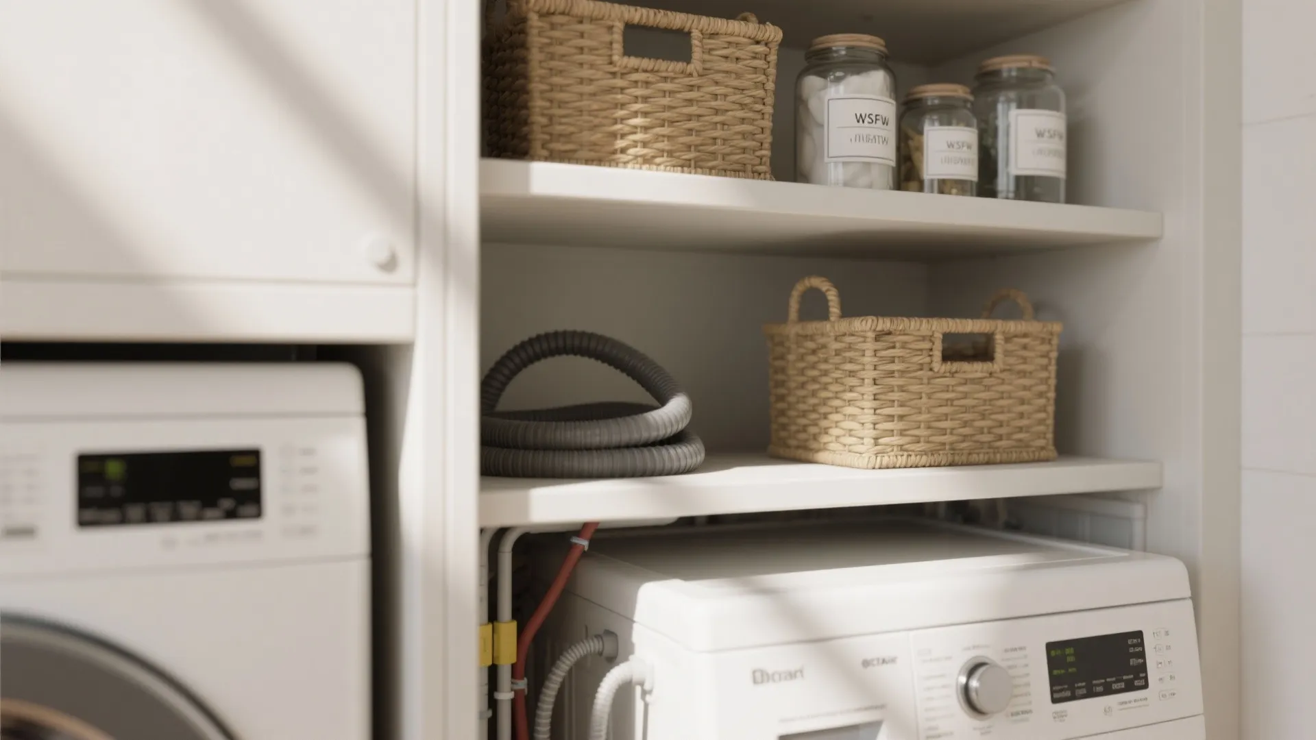 5. Minimal open shelving with hidden hose access