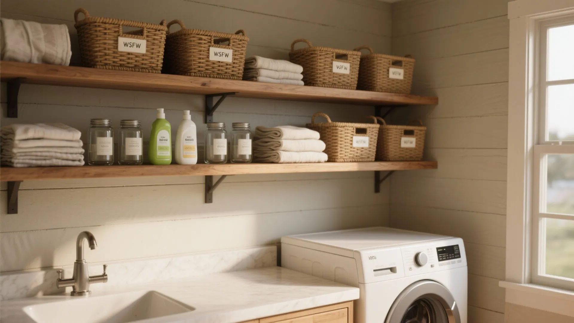 1. Open Shelving with Woven Baskets