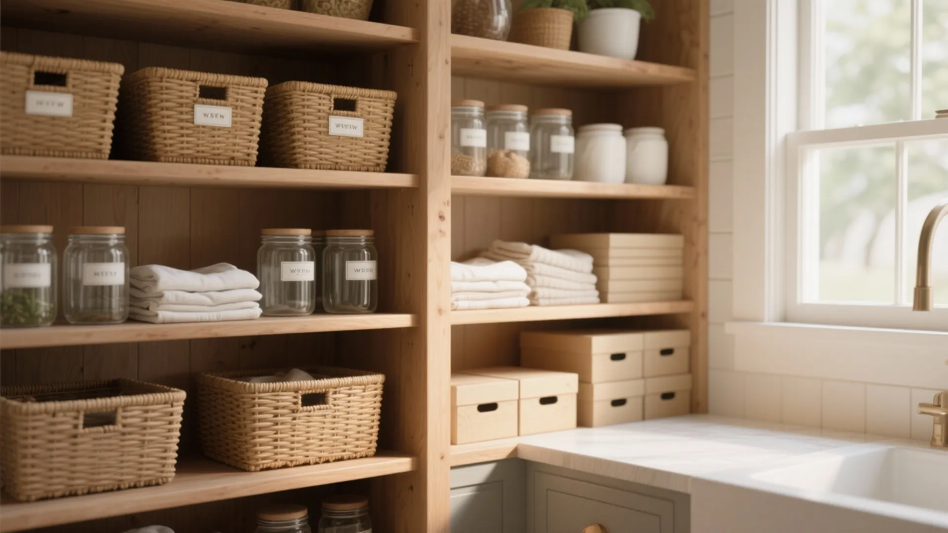 2. Open Shelving with Baskets and Labels