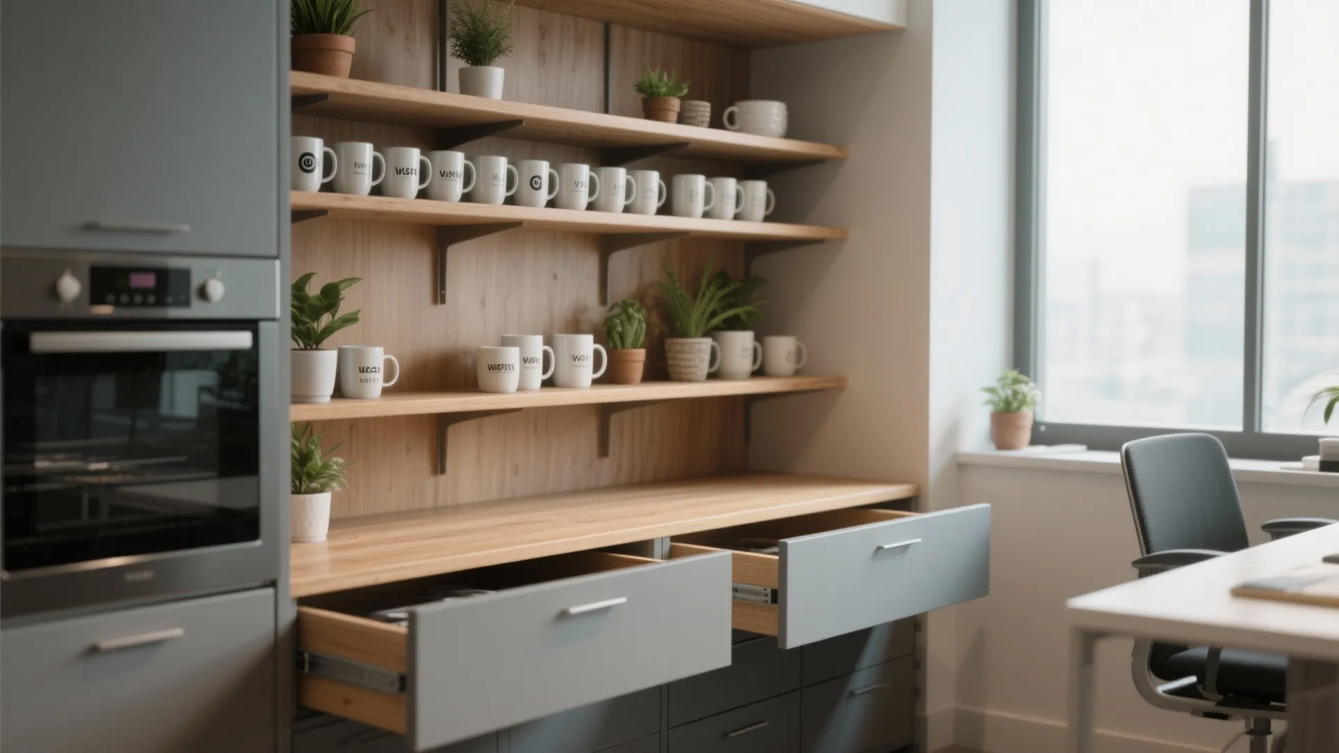 1. Open shelving with hidden drawers