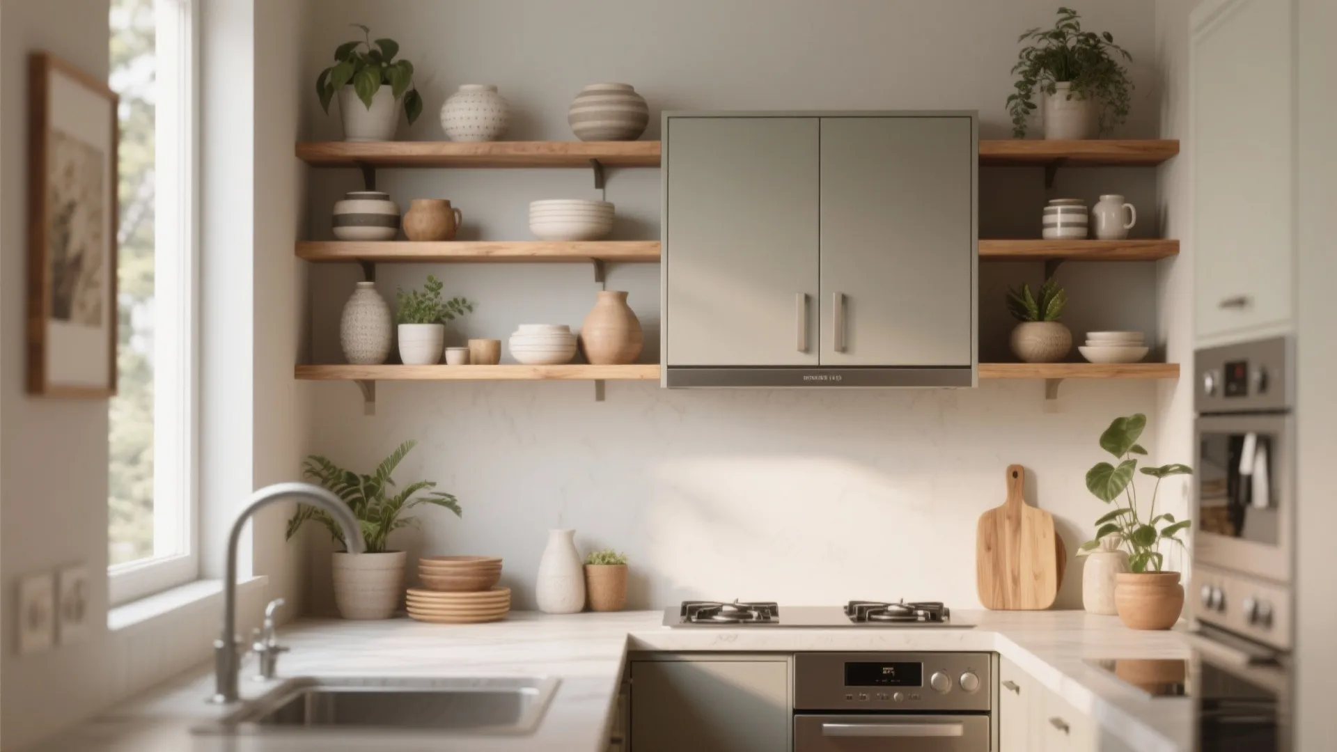 3. Open shelving plus concealed cabinets