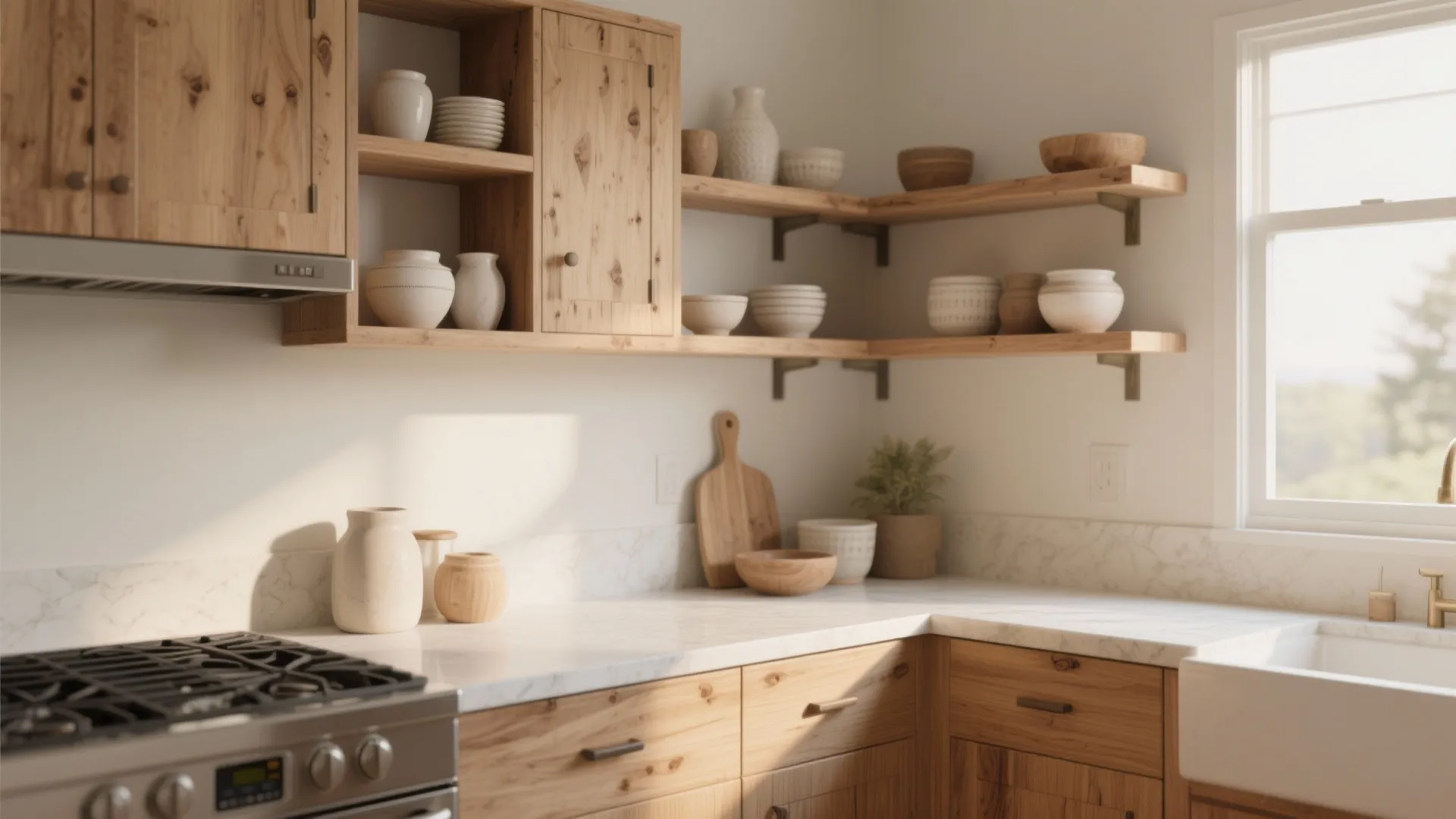 4. Open Shelving and Hickory Accents