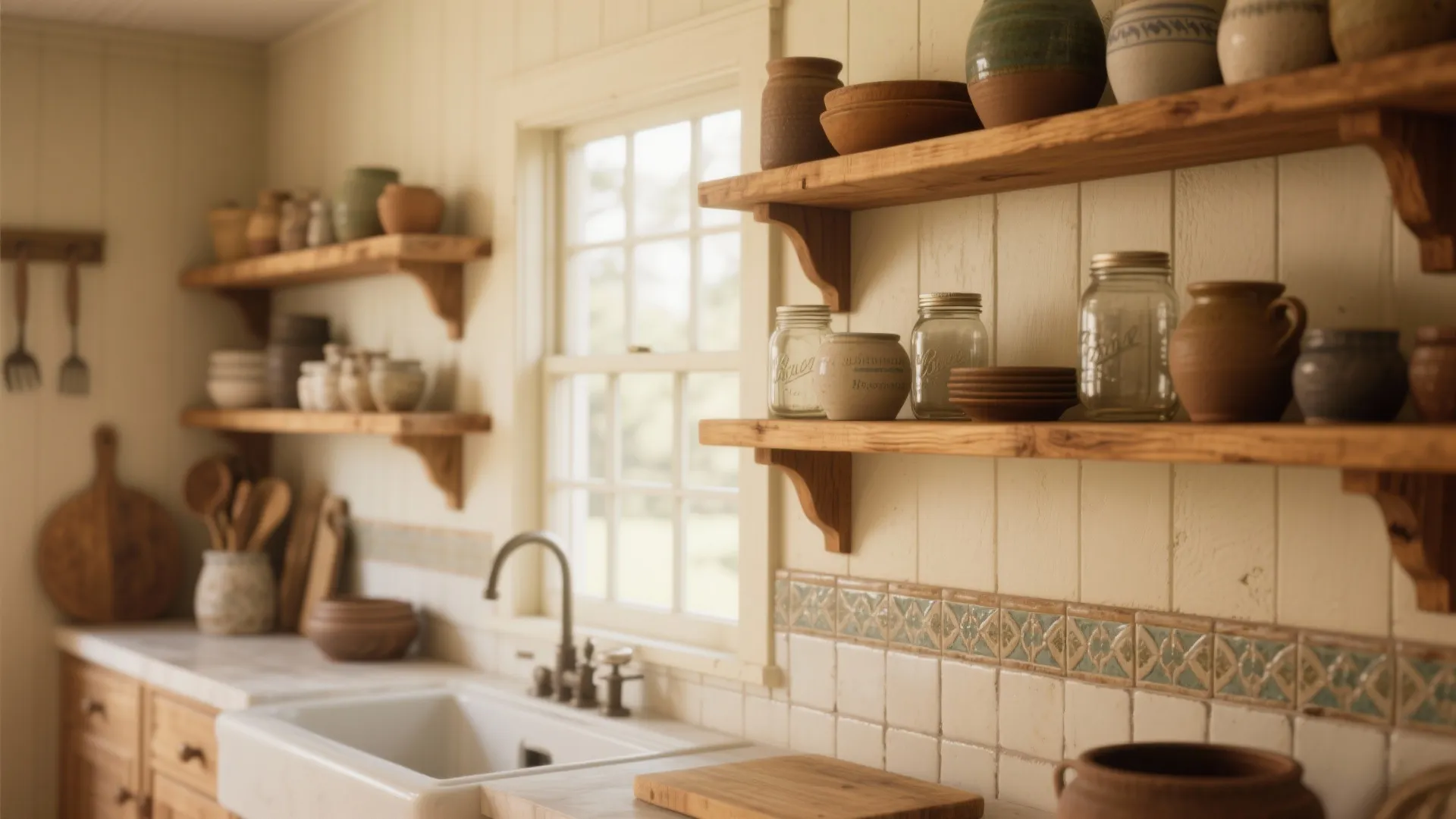 1. Open Shelving with Warm Wood