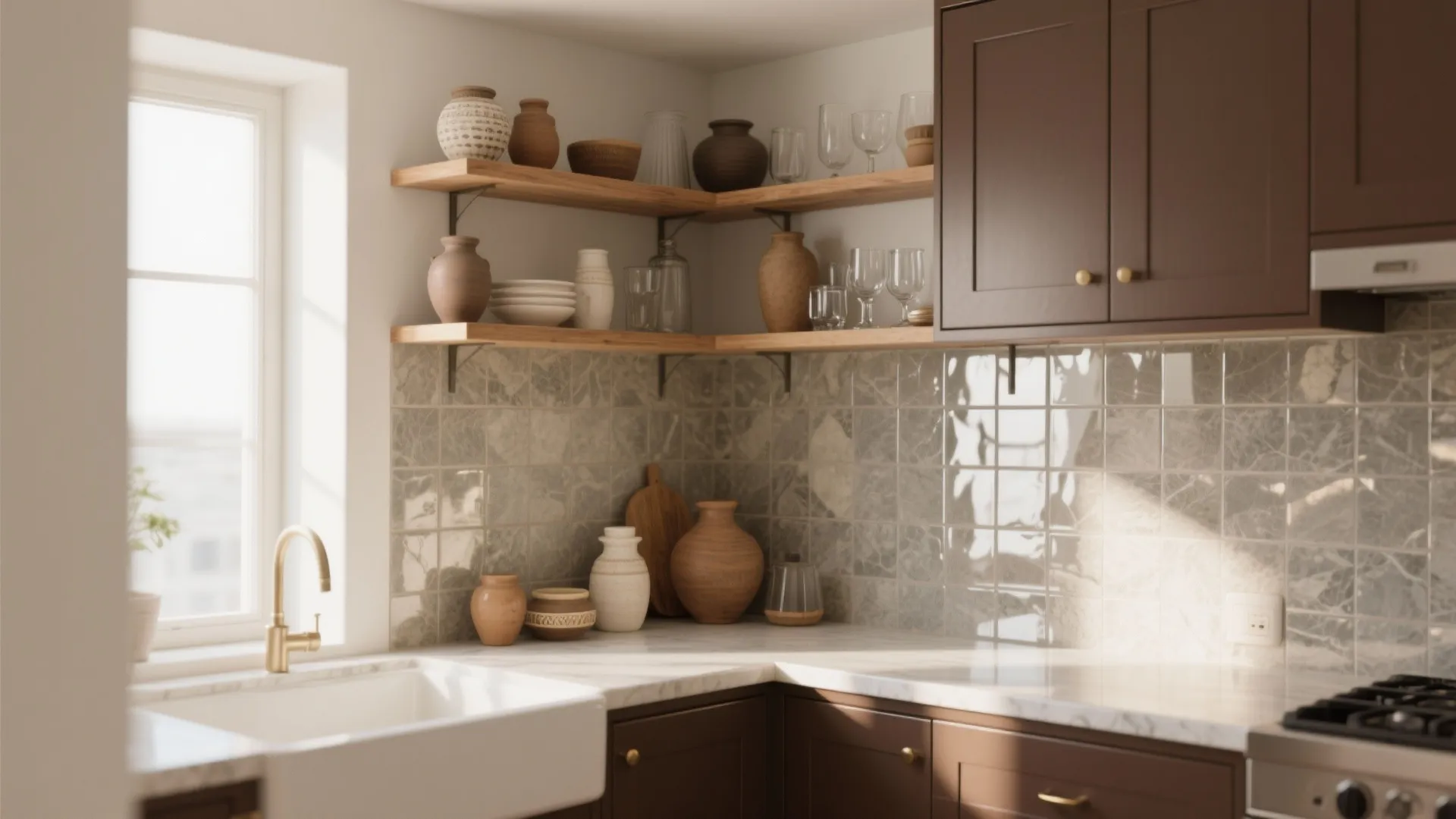 3. Add open shelving and reflective backsplashes