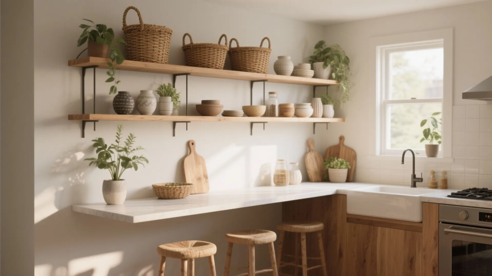 3. Open Shelving with Floating Counter