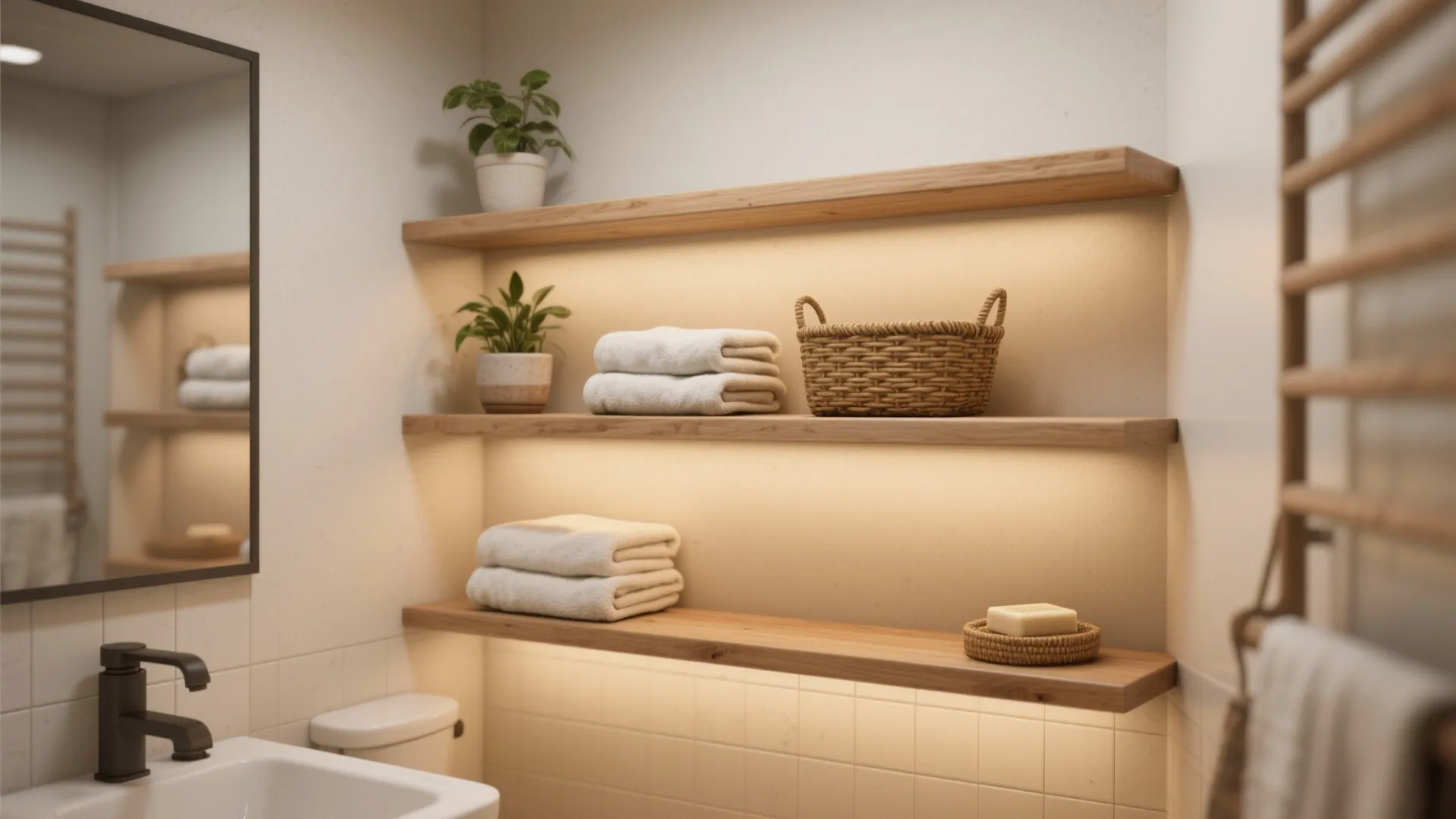 Wooden open shelves with warm lighting holding white towels baskets and plants in a bathroom