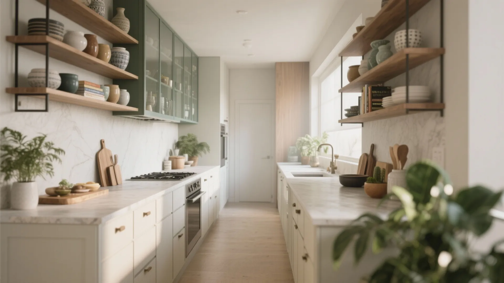 3. Open Shelves and Glass Fronts to Keep It Airy