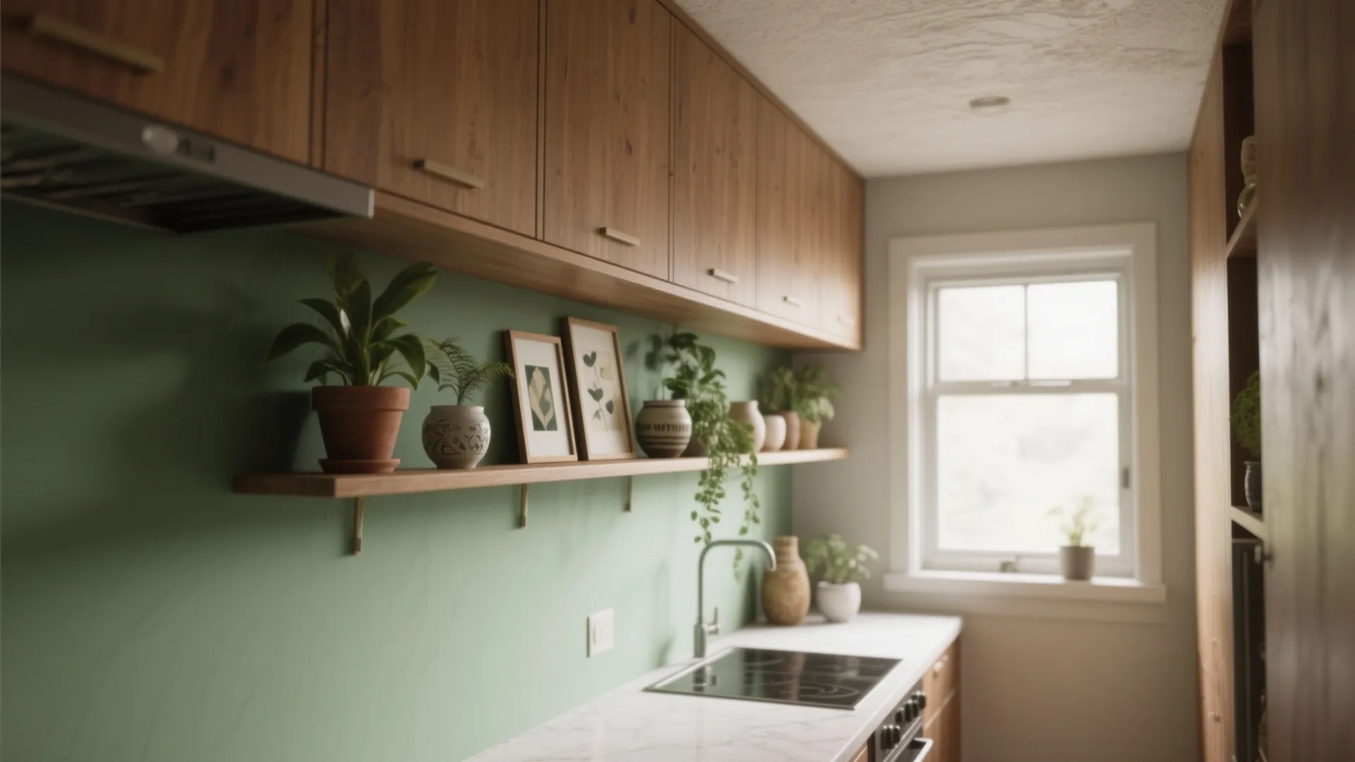 Green kitchen wall with wood shelves holding plants and pictures under brown upper wall cabinets