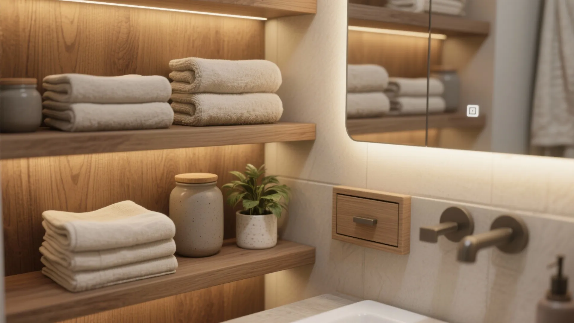 Close-up of timber open shelves with folded towels, ceramic jars and a recessed mirrored cabinet for mixed storage.
