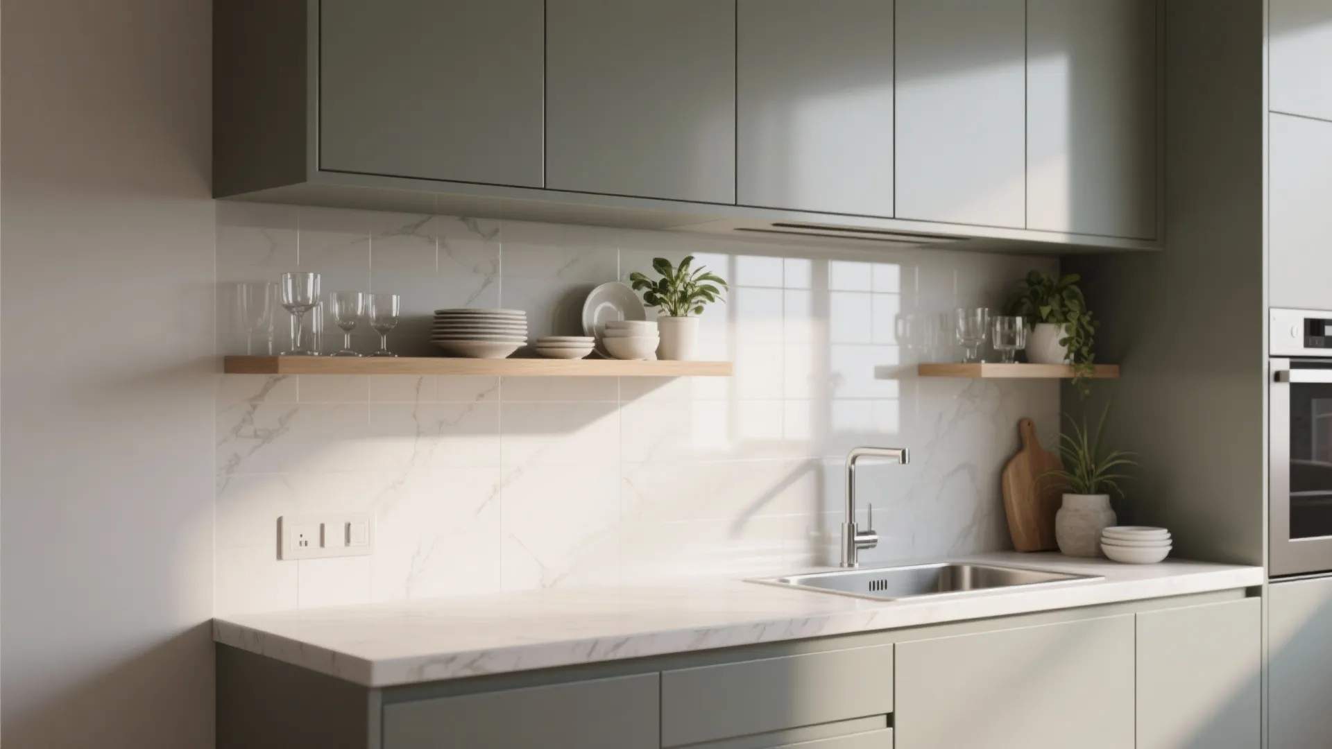 Floating open shelves paired with closed cabinets above a kitchen sink displaying dishes and plants.