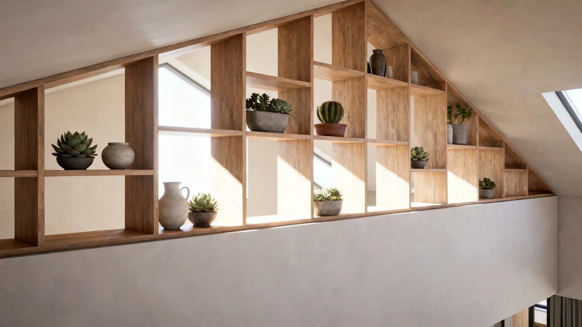 Open-shelved half wall in a loft displaying plants and ceramics with light passing through.