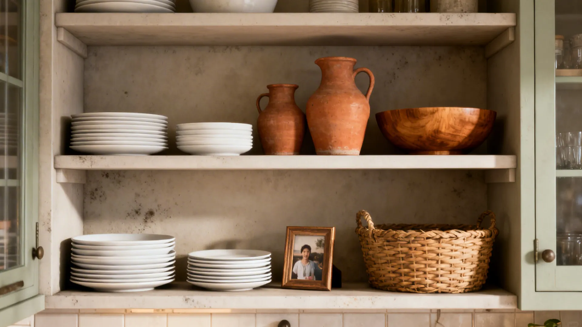 Open shelves with curated plates, pitchers, and baskets styled in a farmhouse kitchen.