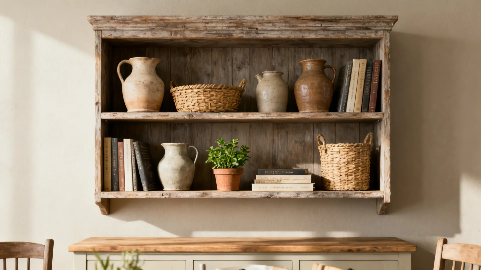 Rustic open wooden shelves styled with pottery, baskets, cookbooks, and a herb pot above a buffet.