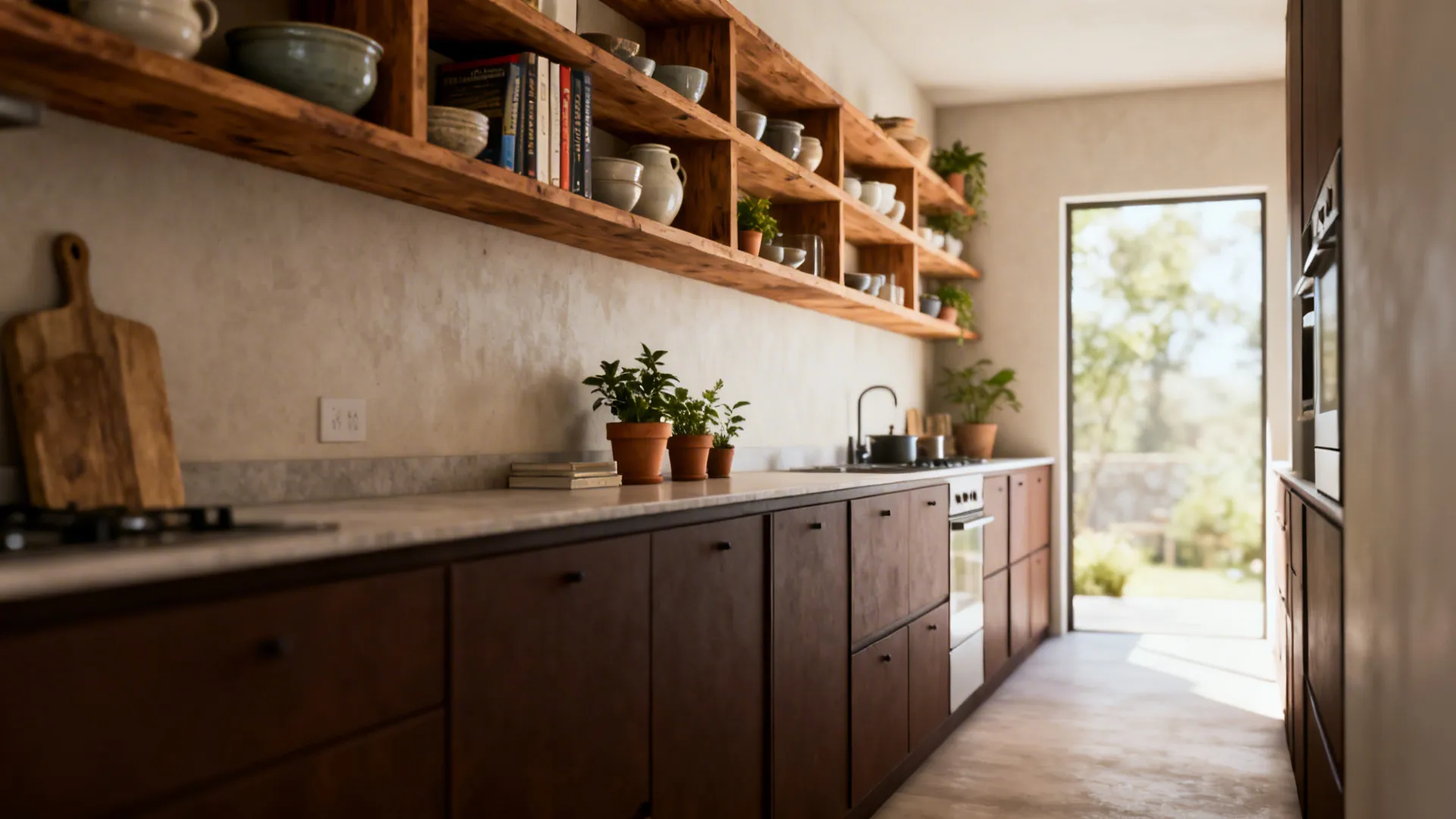 Galley kitchen with dark brown lowers and open wooden shelves displaying ceramics and plants.