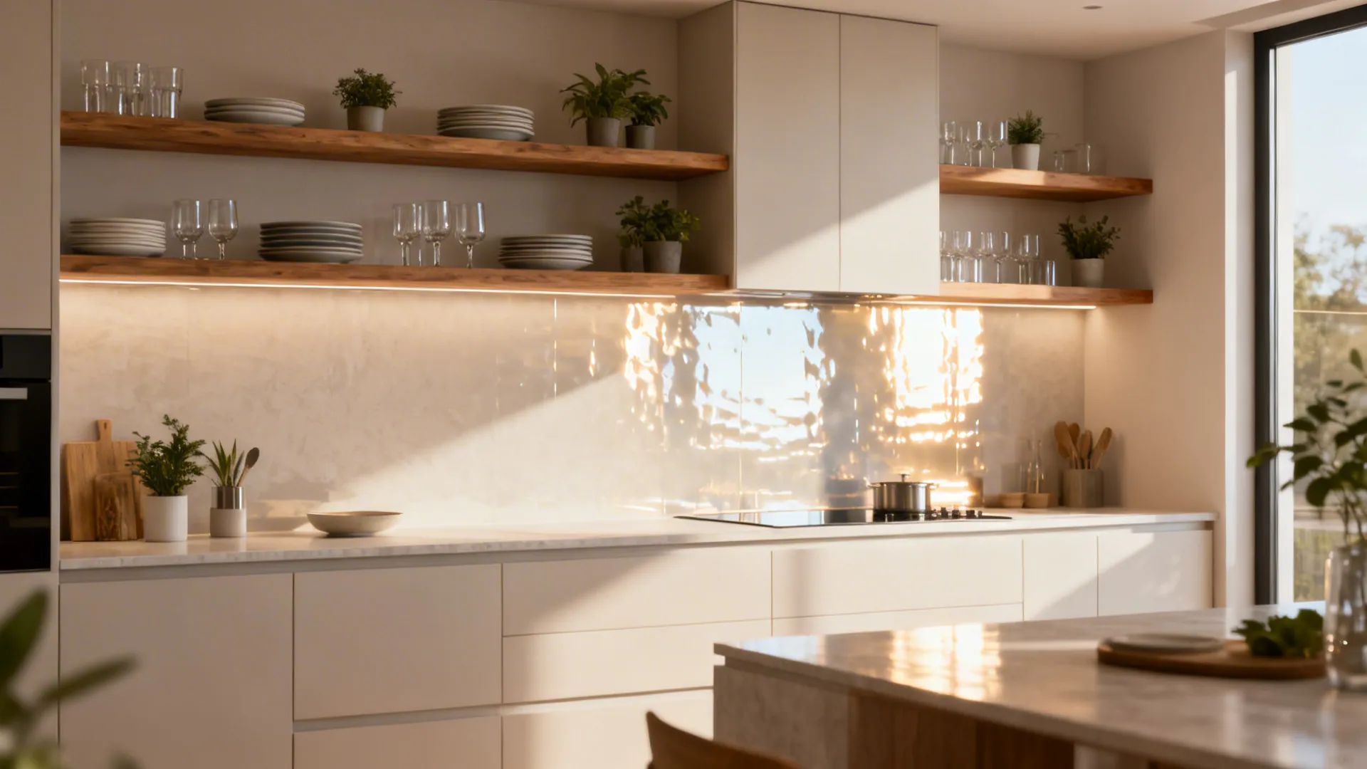 Kitchen with open floating shelves and few minimal upper cabinets to create an airy feel