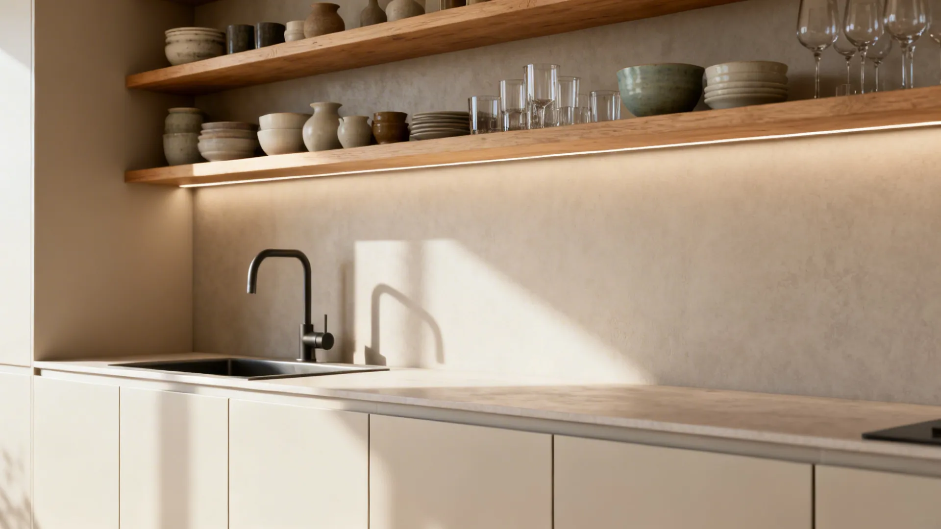 Open wood shelving with curated dishes above closed cabinets and undercabinet lighting