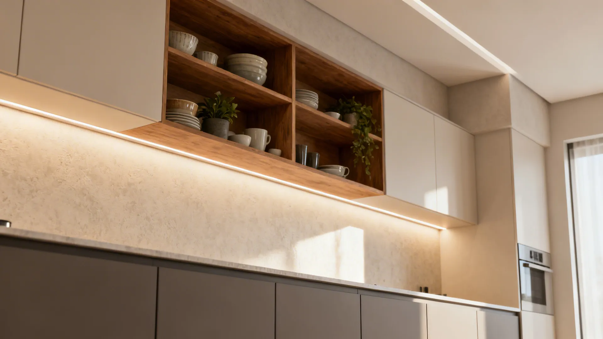 Open wooden upper shelves above closed lower cabinets in a small kitchen with warm under-cabinet lighting.