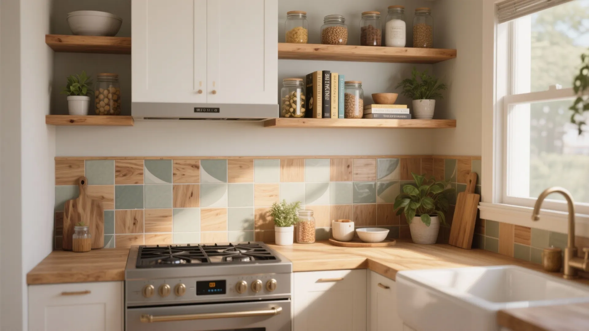 5. Open shelving + small accent tile to mix storage and style