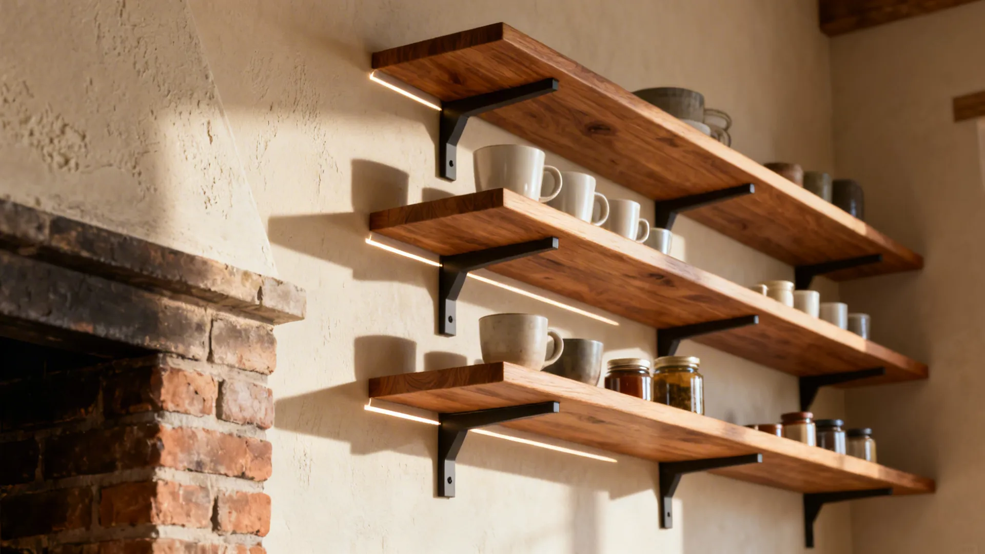 Staggered oak open shelves by a chimney showing a clear air gap and concealed brackets.