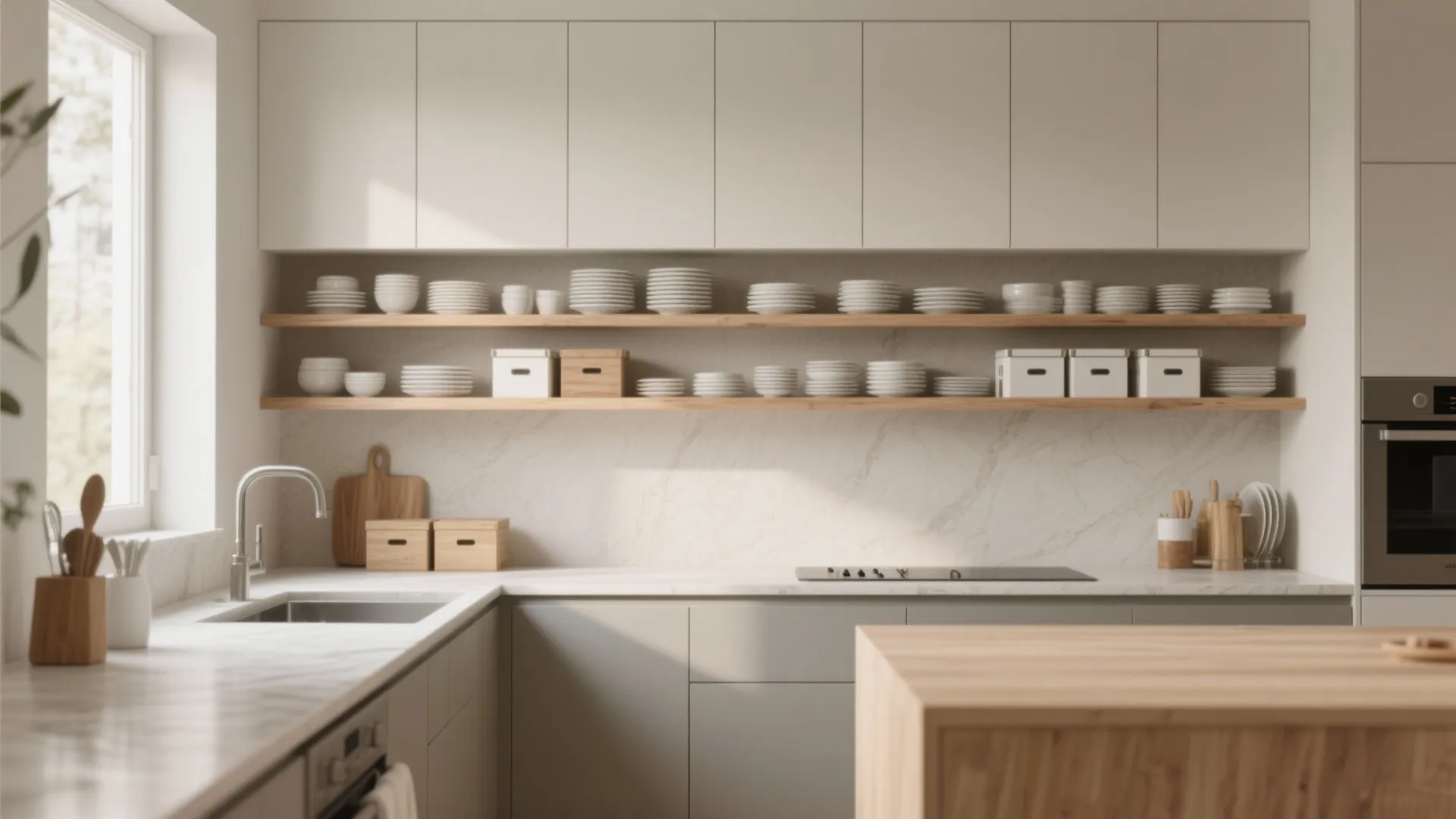 2. Open shelves for airiness and display