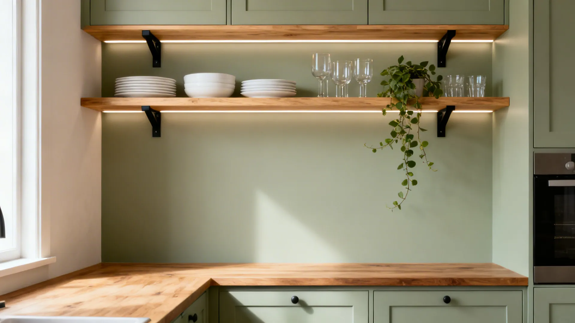 Minimalist open pine shelves with dishes and plants brighten a compact kitchen wall.