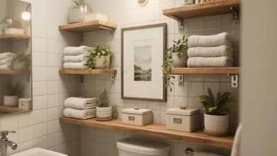 Cozy Modern Bathroom Design with Wood Shelves & White Tiles