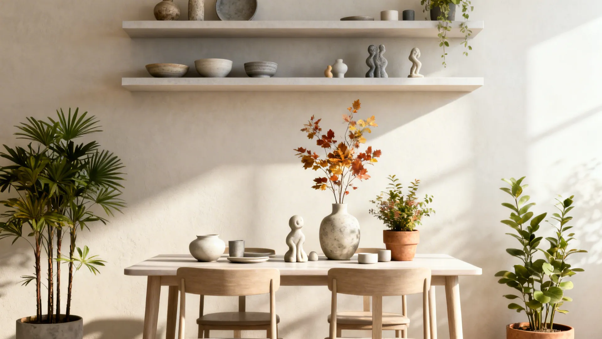 Floating shelves above a dining table with ceramics and plants in a curated, changeable display.