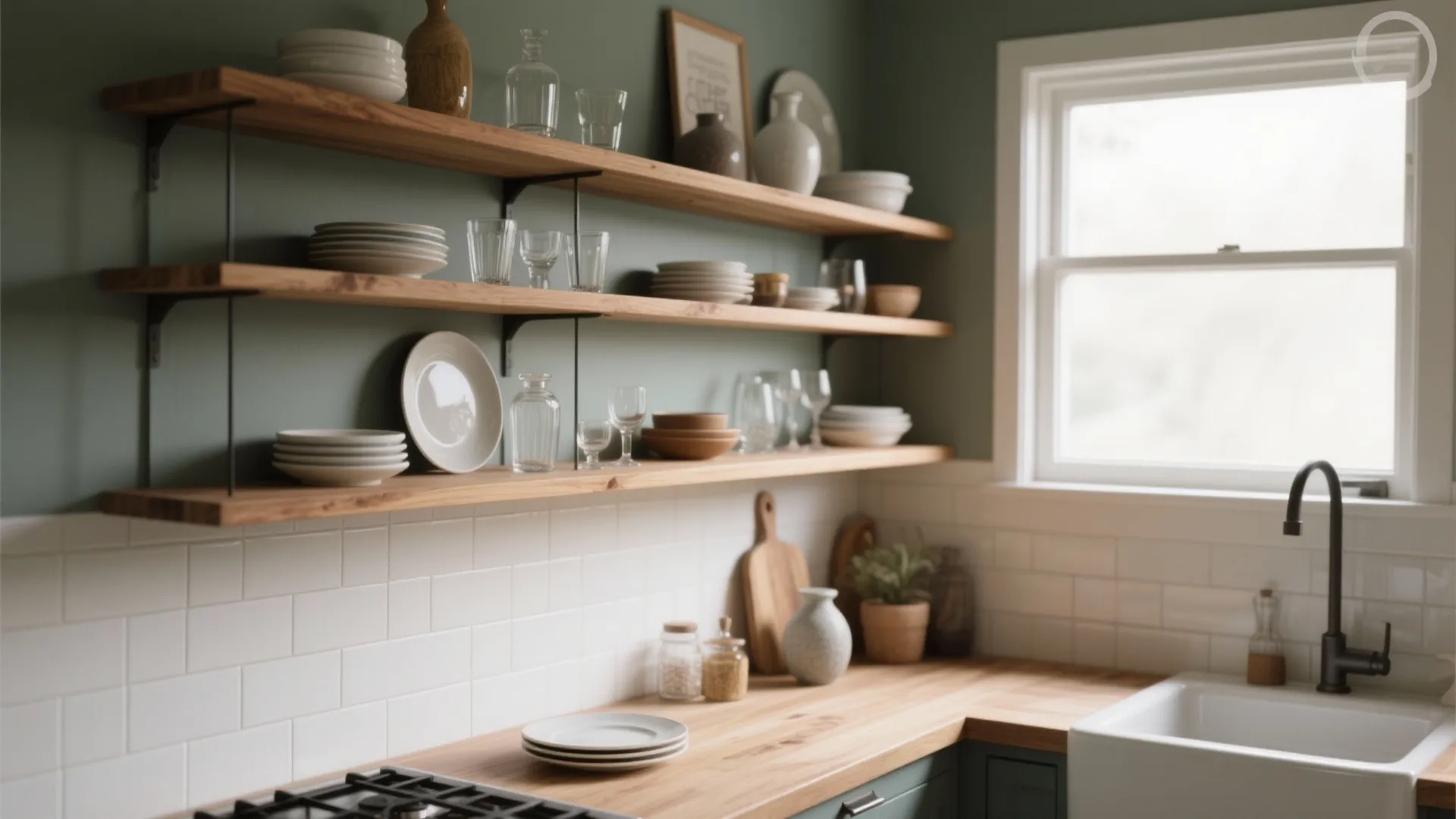 3. Open Shelving + Accent Backdrop