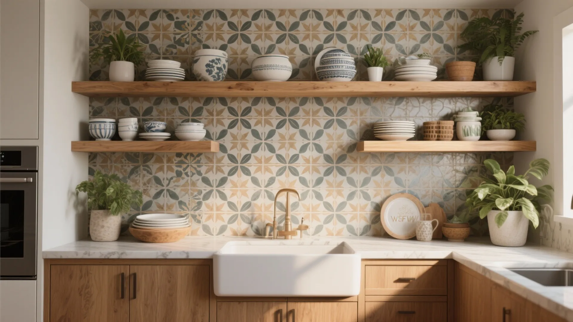 3. Open Shelving Plus a Statement Backsplash