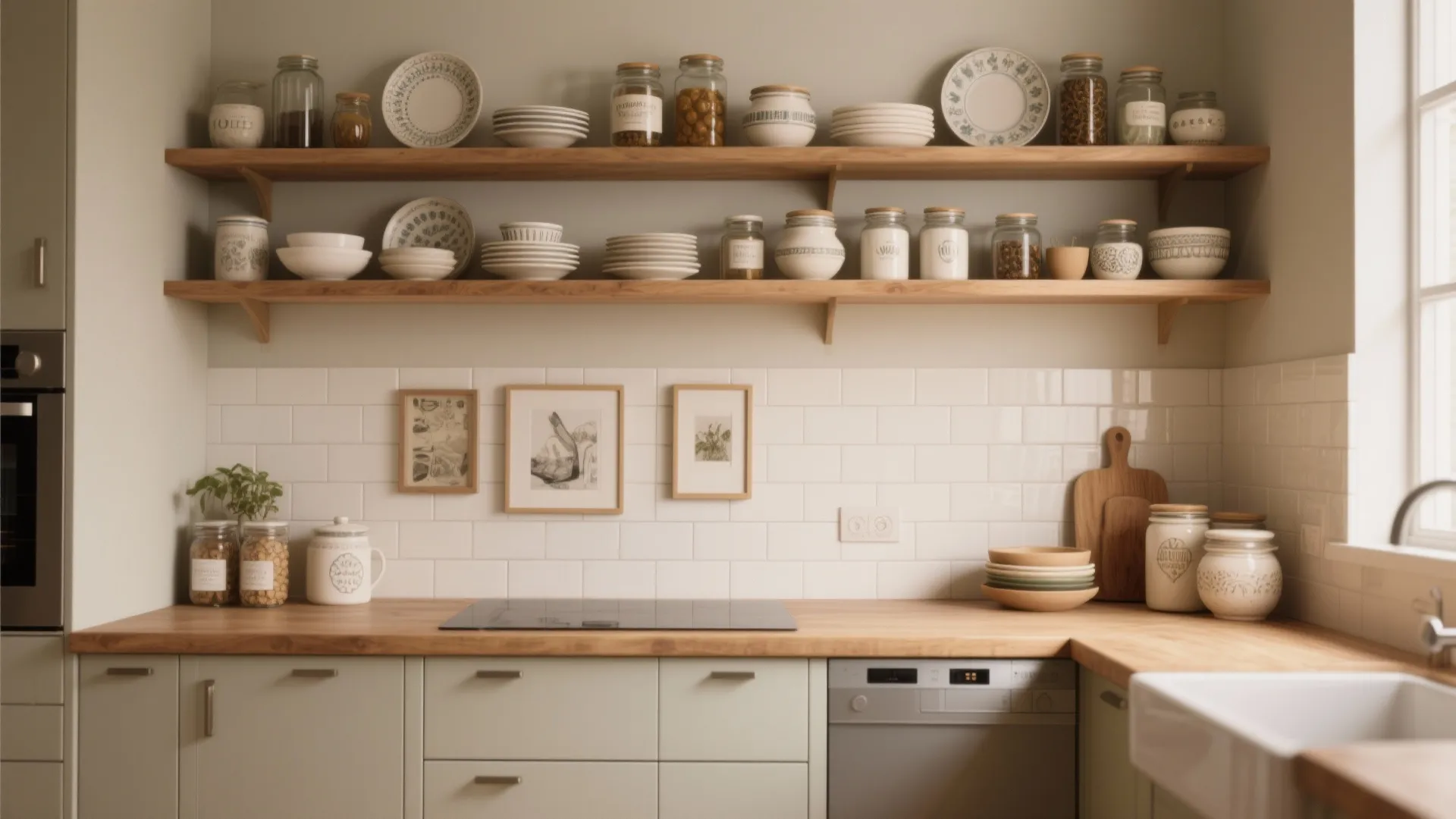 Kitchen counter with white wall tiles wooden open shelves holding plates jars and simple green cabinets