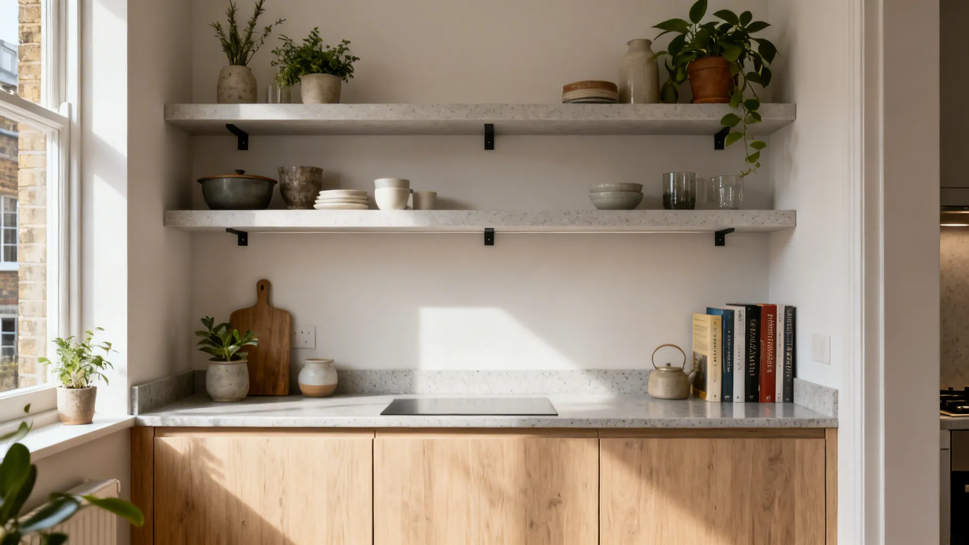 Small UK kitchen with closed bases and two floating shelves styled with plants, ceramics, and books.